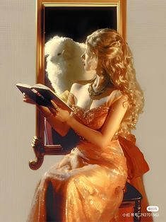 a woman in an orange dress reading a book next to a teddy bear and mirror