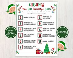 printable christmas dice game for kids with elf hats and presents on the table next to it