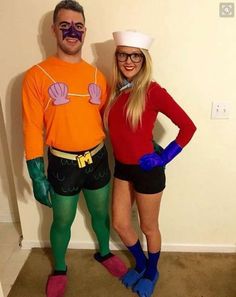 a man and woman are dressed up as the characters from spongebob for halloween