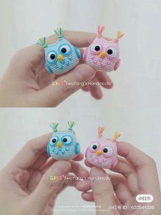 two small crocheted owls sitting in the palm of someone's hand,