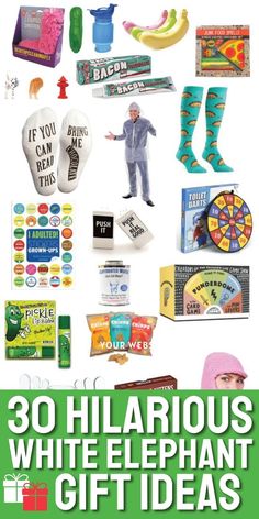 an advertisement for white elephant gift ideas with the words, 30 hilarious white elephant gift ideas