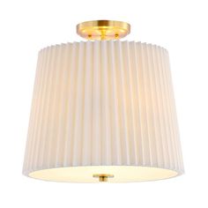 a light fixture with pleated white shades on the bottom and gold trimmings