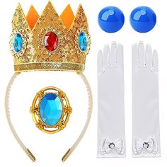 PRICES MAY VARY. 🌸【What Will You Get】- This princess dress up cosplay accessories set includes princess crown,earrings,gloves,Brooch making your girl dress up as fairy tale princess on the cosplay princess parties, let your girl to be an real princess. 🌸【Fabulous Costume】- These Peach Princess accessories for girls features a golden crown embedded with three sparking gems, a brooch with blue gem and gold edge to add the luxury feeling.The blue earrings are clip on design, easy to wear.The elbo Peach Halloween Costume, Princess Peach Crown, Princess Peach Halloween Costume, Princess Peach Halloween, Peach Accessories, Princess Peach Dress, Daisy Costume, 25th Birthday Ideas, Princess Peach Costume