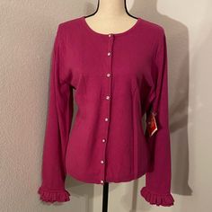 Round Neck Button Front Rhinestone Buttons Ruffled Sleeve Cuffs Silk/Nylon/Angora/Wool/Cashmere Blend Shoulders 18.5” Chest 21.5” Sleeves From Shoulder 24” (+ 2” Ruffles) Length 24.25” B29 Cashmere Cardigan, Pink Silk, Bright Pink, Ruffles, Sweaters & Cardigans, Round Neck, Cashmere, Sweaters For Women, Silk