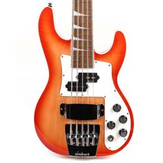 an orange electric guitar is shown against a white background