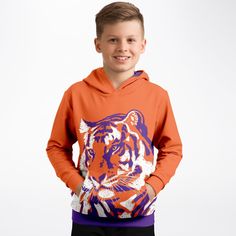 Please allow 10-14 business days. * I have one Med  in stock! This kids hoodie features a soft and durable fabric that has a cotton feel to it. The brushed fleece on the inside will make this the most comfy hoodie ever! Whether it's school trips or lazy days, this hoodie is ultra comfortable. Each panel is individually printed with Karen's "Staring Tiger" design on the front, then cut and sewn to ensure a flawless graphic. Winter School Hoodie, Casual Fleece Hoodie For School, Casual School Fleece Hoodie, Sporty Hooded Hoodie For School, School Hoodie Sweatshirt With Drawstring Hood, Hooded Hoodie With Drawstring For School, Cotton Hoodie For School, Winter School Hoodie With Drawstring, School Hoodie With Drawstring Hood