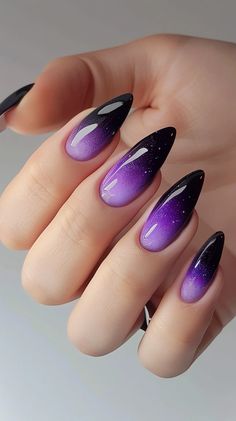 23 Ombre Nail Ideas That Will Leave You Mesmerized Reverse Ombre Nails Glitter, Purple Black Ombré Nails, Purple Ombre Nails Acrylic, Ombre Purple Nail Designs, Dark Purple Ombré Nails, Cool Acrylic Nails Designs, Acrylic Nail Designs Ombre, Purple Acrylic Nails Almond, Dark Purple Ombre Nails