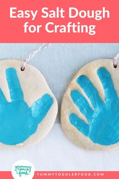 two handprinted clay ornaments with the words easy salt dough for crafting on them