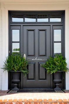 two potted plants sit on the front door of a house with black doors and windows