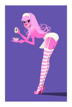 a woman in pink and white striped stockings holding a cupcake