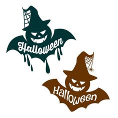 two halloween stickers with pumpkins and bats on the top, one has a spider web hanging from it's mouth