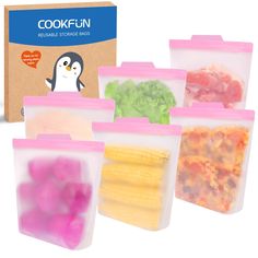 six freezeable storage bags filled with vegetables and meats next to a box of cookfun