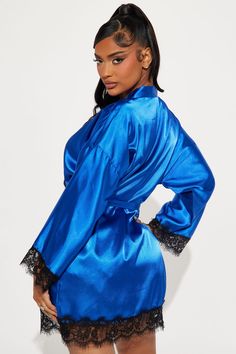 Available In Blue And Emerald. 2 Piece Robe Set Top Not Included Long Sleeve Robe Tie Waist Matching Shorts Lace Trim Non Stretch Final Sale 97% Polyester 3% Spandex Imported | Special Lover Satin Lace PJ 2 Piece Robe Short Set in Blue size Large by Fashion Nova Lace Trim Shorts, Matching Shorts, Short Set, Lingerie Sleepwear, Blue Fashion, Short Sets, Lace Shorts, 2 Piece, Lace Trim