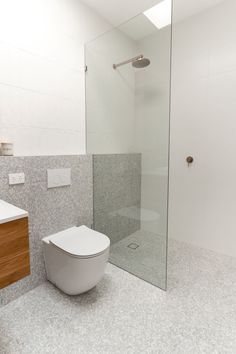 a white toilet sitting in a bathroom next to a walk in glass shower stall and sink