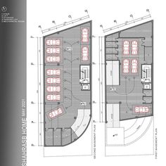 the floor plan for an office building with several tables and seating areas, including two desks