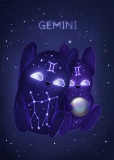 two purple cats with zodiac signs on their faces, sitting next to each other in the night sky