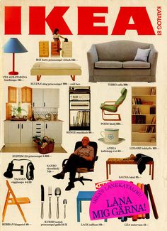 an advertisement for ikea furniture from the 1970s's, with pictures of different items