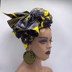 "This head wrap is Premium Ankara cotton fabric. It is two-sided. There are many ways to wear and tie it so you'll be able to achieve the perfect look for you. (You have to wrap it). It can also be worn as a scarf, shawl, or sash. Not Pre-Tied Earrings shown are 3\" with dangle hook 3.5\". Please use earrings size chart to choose the right size for you. Earrings are created when ordered and cannot be exchanged or returned. - 100% Cotton - Head Wrap Measures approximately 70\" long x 20\" wide - Head Wrap African, African Scarf, African Turban, Head Wraps For Women, Hair Scarf Styles, African Head Wraps, African Earrings, Turban Headwrap, Turbans