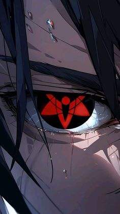 an anime character's eye with red and black eyeshade, looking at the camera