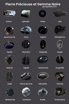 une bannière avec 24 pierres précieuses et gemmes noires Expensive Crystals, Earth Crystals, Crystal Identification, Raw Gemstones Rocks, Black Gemstones, Gemstones Chart, Gray Gemstones, Gemstone List, Black Stone Ring