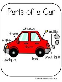 the parts of a car labeled in english and spanish on a white background with an image of a red car