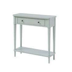 a white console table with two drawers and one drawer on the bottom, against a white background