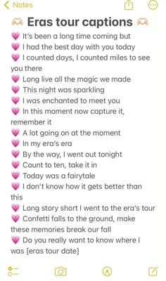 a text message that reads, eras tour captions it's been a long time coming but i had the best day with you today