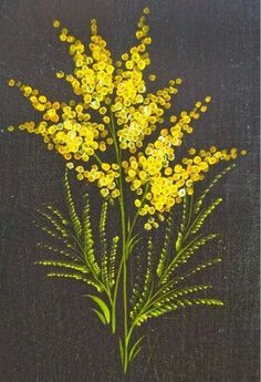 a painting of some yellow flowers on a black background with green stems in the foreground