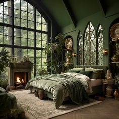 a bedroom with large windows and a bed in front of a fireplace that is surrounded by plants