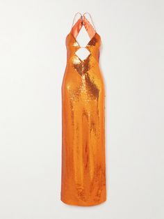 Galvan's 'Kite' maxi dress captures the high-octane glamor of '90s supermodels. Made from satin, it's covered in scores of light-catching sequins and cutout at the bodice to reveal glimpses of skin. When the camera lands on you, turn to show the open back. Funky Formal Dresses, Miami Ootd, Lynda Benglis, Night Party Dresses, Hollywood Glam Dress, Mahna Mahna, Dress Reference, Dreamy Style, Classy Short Dresses