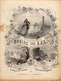 an old advertisement for seaside in the sea, with a woman standing next to it