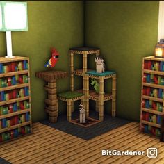 Shelves Minecraft Ideas, Minecraft Green Bedroom Ideas, Minecraft Stairs Interior, Bird Room Minecraft, Cute Minecraft Closet, Cat Stand Minecraft, Minecraft Reading Corner, Minecraft Cat Post, Minecraft Crafting Area Ideas