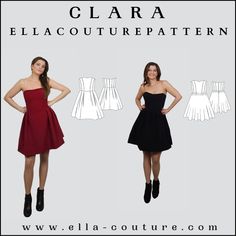 two women in dresses with the words clara and ella coutre pattern on them