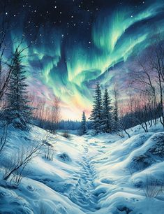 an oil painting of a snowy landscape with trees and the aurora bore in the sky