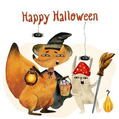 an illustration of two animals dressed up as witches and one is holding a broom with the words happy halloween on it