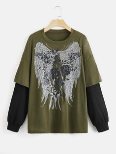 Verde militar Casual Collar manga larga Tela Color combinado,Gráfico  Embellished Elástico Ligero  Ropa de Mujer Drop Shoulder Tee, Neue Outfits, Grunge Punk, Women T Shirts, Really Cute Outfits, Green Shirt, Edgy Outfits