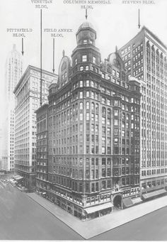 an old black and white photo of a building in new york city with the names of its buildings