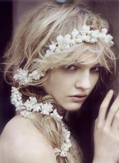 Floral adornments in messy hair. Acceptable because this doesn't look like twee wedding hair. Sasha Pivovarova, Flowers In Her Hair, Paolo Roversi, Lavender Hair, Vogue India, Pastel Hair, Purple Hair, Flower Crown, Pink Hair