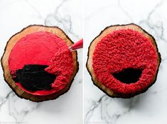 two pictures of a red cake with black frosting