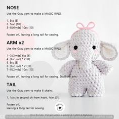 a crocheted stuffed elephant with instructions for how to sew the ears and tail