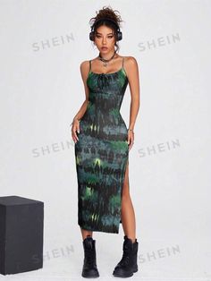 Free Returns ✓ Free Shipping✓. SHEIN Coolane Tie Dye Tie Front Slit Thigh Cami Dress- Women Midi Dresses at SHEIN. Tie Dye Women, Black Tie Dye, Women Midi, Womens Tie, Fashion Gallery, Kids Sleepwear, 50's Dress, Cami Dress, Spaghetti Strap Dresses