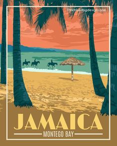 an image of a beach with palm trees and horses in the background that reads jamaica montego bay