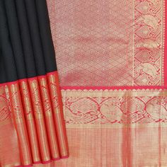 This exquisite Black Kanchipuram silk saree is a must-have in every woman's wardrobe. It features a beautiful gray pallu, making it a perfect choice for any occasion. The luxurious fabric is lightweight and easy to drape, while the vibrant hue adds an element of grandeur. The intricate zari work on the borders and pallu will make you stand out from the crowd. Adorn this maroon Kanchipuram silk saree and be the center of attraction. Black Tissue Silk Saree, Classic Traditional Wear With Traditional Drape For Festive Occasions, Classic Festive Traditional Wear With Traditional Drape, Silk Mark Certified Saree For Wedding, Elegant Handloom Traditional Wear For Formal Events, Elegant Black Art Silk Saree, Elegant Black Art Silk Traditional Wear, Elegant Black Saree With Zari Weaving, Elegant Black Saree For Transitional Season