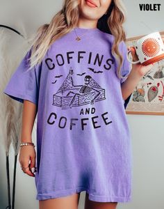 "Coffins And Coffee Skeleton Oversized Shirt, Skeleton Shirt, Halloween Skeleton Shirt, Comfort Colors Tshirt, Plus Size Halloween Shirt Whether you're hitting the road for a cross-country adventure or just hanging out with friends, you'll love its comfortable, oversized fit with this Comfort Colors shirt. The mineral wash feel is super soft and perfect for any casual occasion. Rock this tee with your favorite jeans or leggings and you'll look great no matter what. This is a standard unisex size Comfort Colors Tee. For an oversized tee, please size up. If you are looking for an oversized \"T-shirt Dress\" look, we recommend sizing up 2 sizes. Please review the size chart to ensure you receive the fit you want. HOW TO ORDER 1- Select \"Shirt Size\". 2- Select quantity. 3- Click \"Add To Car Oversized Short Sleeve Halloween Tops, Oversized Halloween Top With Screen Print, Oversized Screen Print Top For Halloween, Oversized Screen Print Tops For Halloween, Oversized T Shirt Dress, Comfort Colors Tshirt, Plus Size Halloween, Skeleton Shirt, Comfort Colors Tee