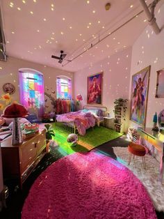 a room filled with lots of colorful furniture and decor on top of carpeted flooring