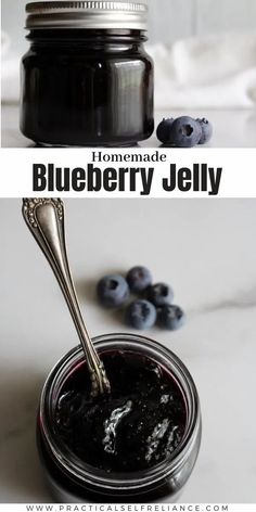 homemade blueberry jelly in a glass jar with a spoon