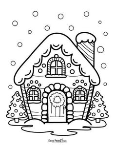 a house with snow on the roof and trees around it, outlined in black and white