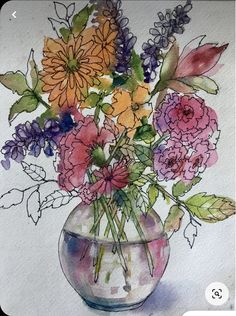 a watercolor painting of flowers in a vase