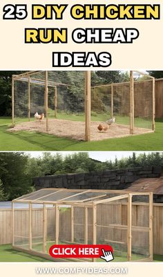 the chicken run is made out of wood and has chickens in it