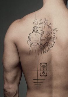 a man's back with a drawing on the side of his body and an image of a person standing in front of him